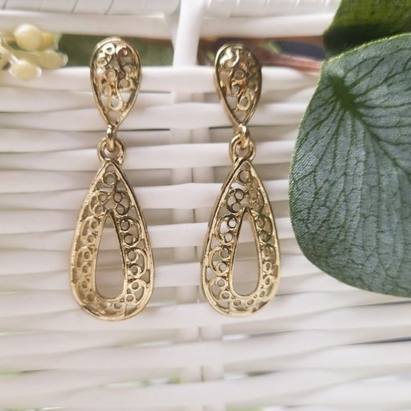 Vintage Worked Metal Double Tier Classic Earrings - Picture 1 of 5